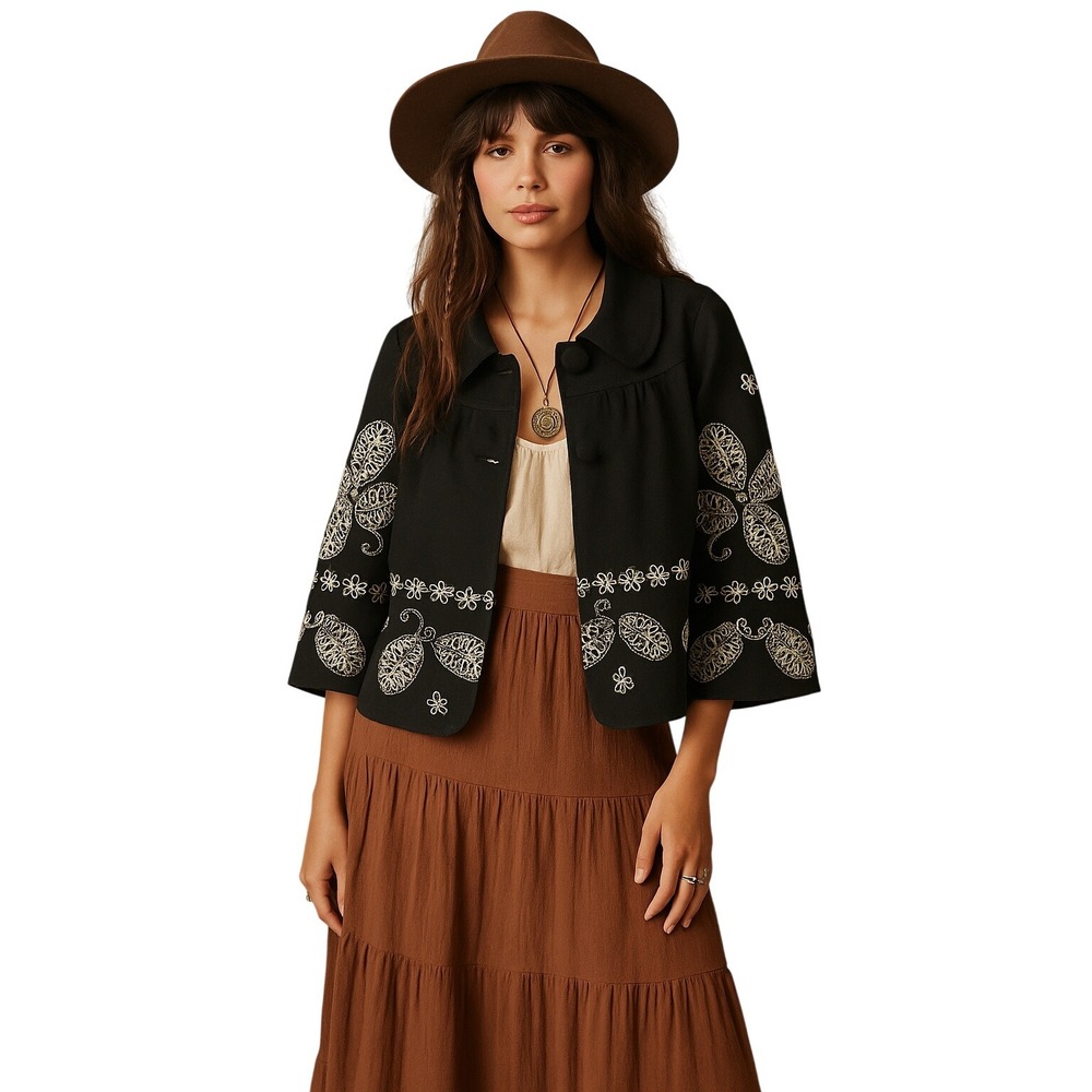 Luii Black Embroidered Blouse M Boho Peasant Folk Cottagecore Festival Top